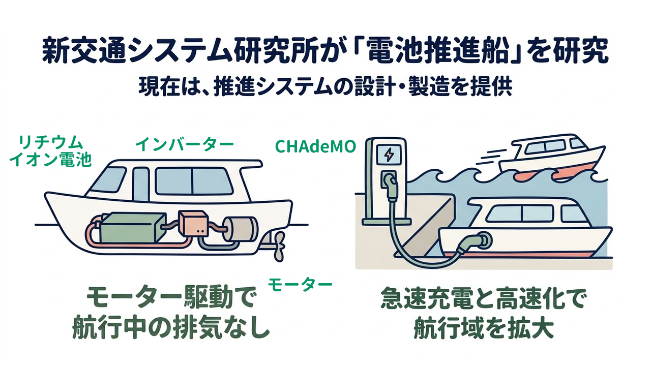 新交通システム研究所が「電池推進船」を研究｜現在は、推進システムの設計・製造を提供／モーター駆動で航行中の排気なし／急速充電と高速化で航行域を拡大