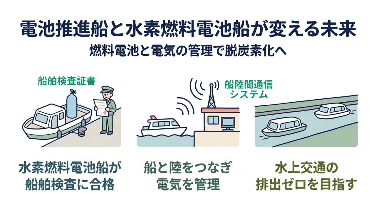 電池推進船と水素燃料電池船が変える未来｜燃料電池と電気の管理で脱炭素化へ／水素燃料電池船が船舶検査に合格／船と陸をつなぎ電気を管理／水上交通の排出ゼロを目指す