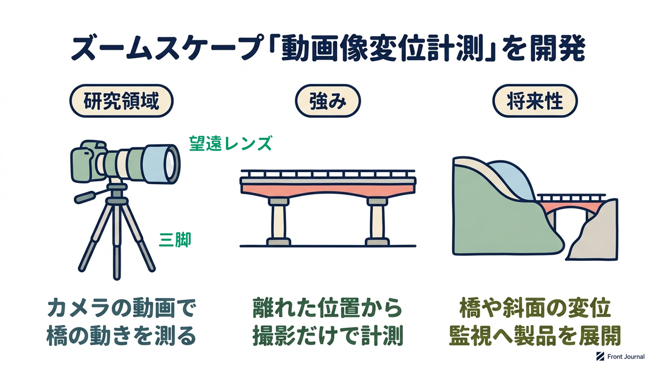 ズームスケープ「動画像変位計測」を開発｜研究領域=カメラの動画で・橋の動きを測る／強み=離れた位置から・撮影だけで計測／将来性=橋や斜面の変位・監視へ製品を展開