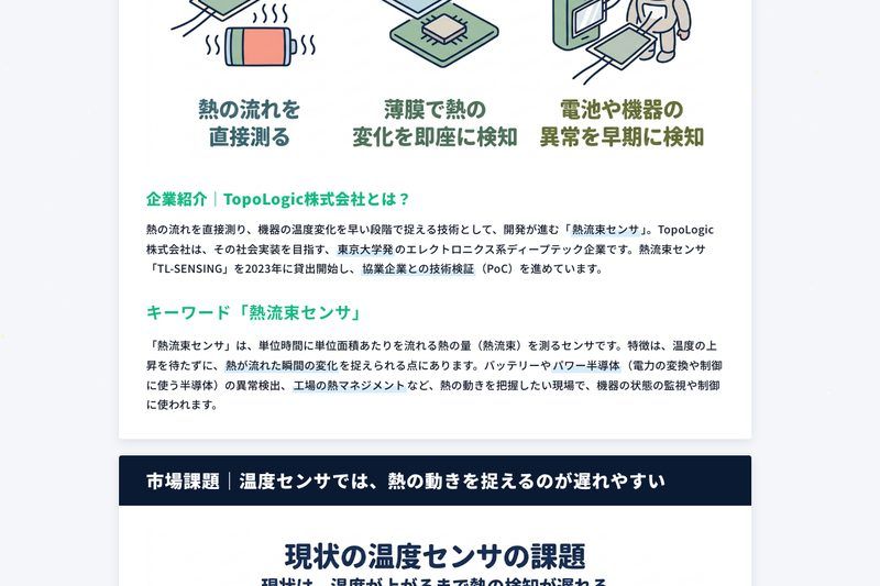 作成した原稿（企業ページ本文）の例